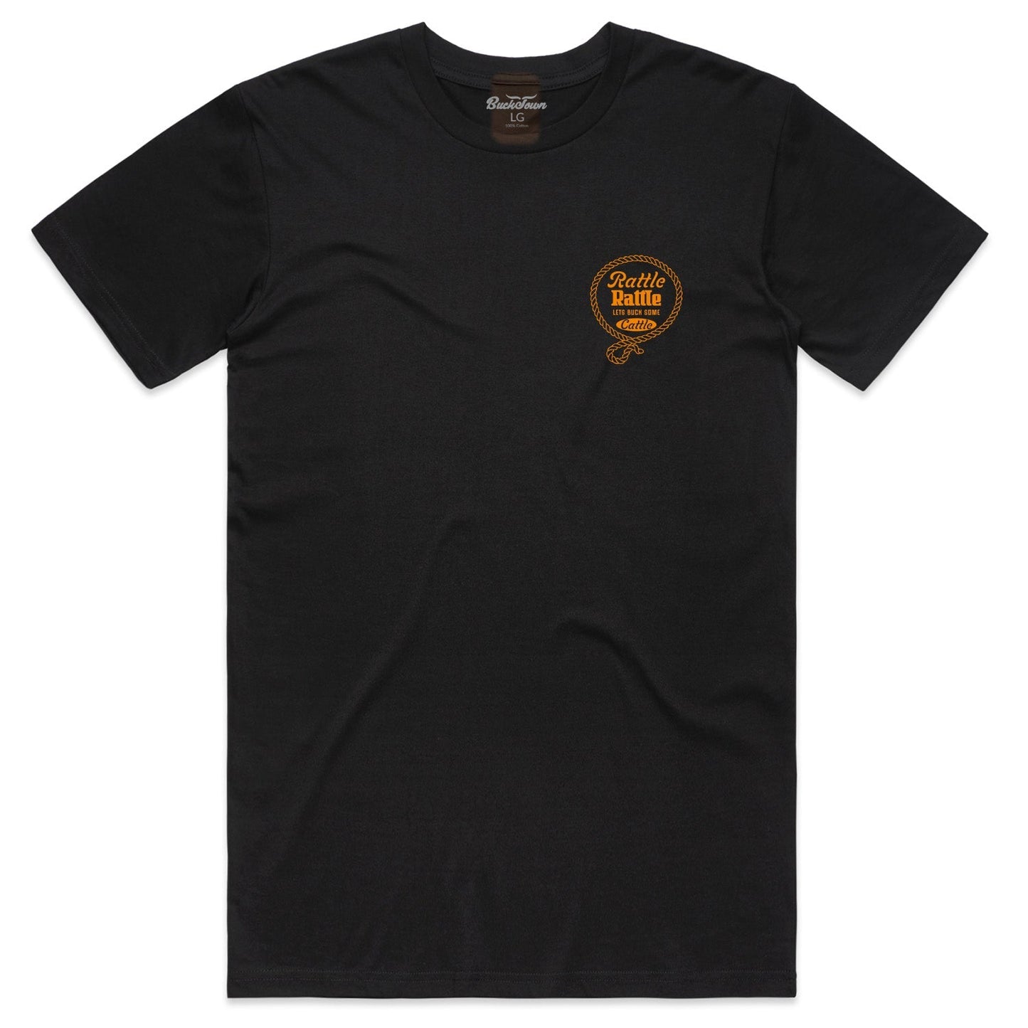 The Rattle Rattle Tee by Rural Cloth is a plain black short-sleeve shirt with a small round yellow "Rattle Rattle" graphic above a coiled snake on the left chest and a visible neck tag inside the collar.