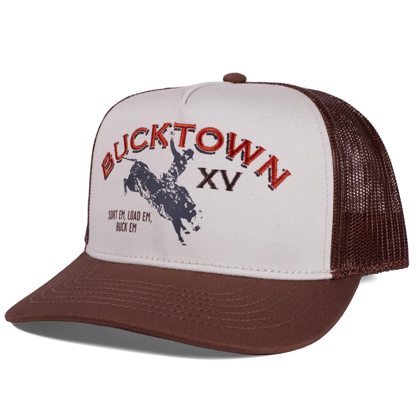 The Bucktown Original Hat by Rural Cloth features brown and white colors, mesh sides, "BUCKTOWN XV" above a bull rider graphic, and "Sort 'Em, Load 'Em, Buck 'Em" below. It offers an adjustable snapback design for comfort.