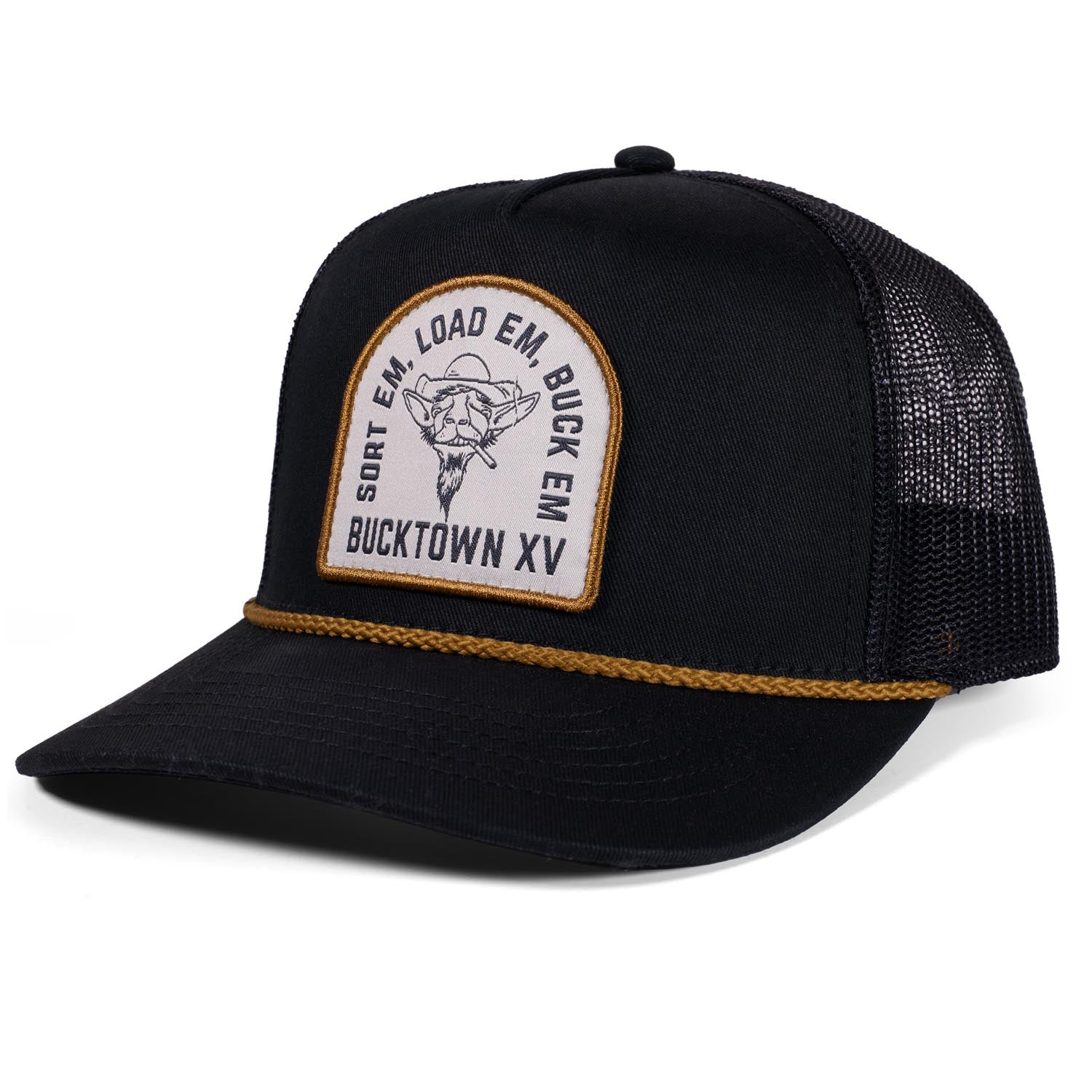The G.O.A.T. Roper Hat by Rural Cloth features a black curved bill, mesh back, steer patch with "SORT EM. LOAD EM. BUCK EM. BUCKTOWN XV.", gold rope detail, and Bucktown XV Ranch style—an homage to JB Mauney.