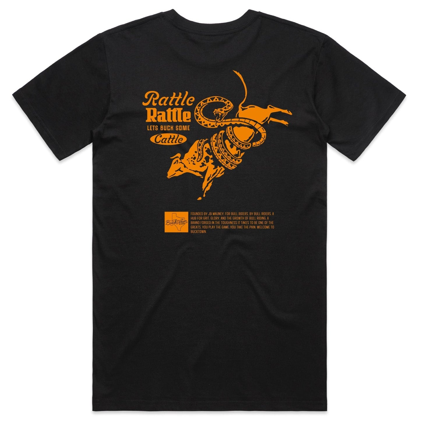 The Rural Cloth Rattle Rattle Tee is a black shirt with an orange graphic of a cowboy riding a bucking bull on the back, "Rattle Rattle Let's Buck Some Cattle" above text, and a small logo at the bottom left.