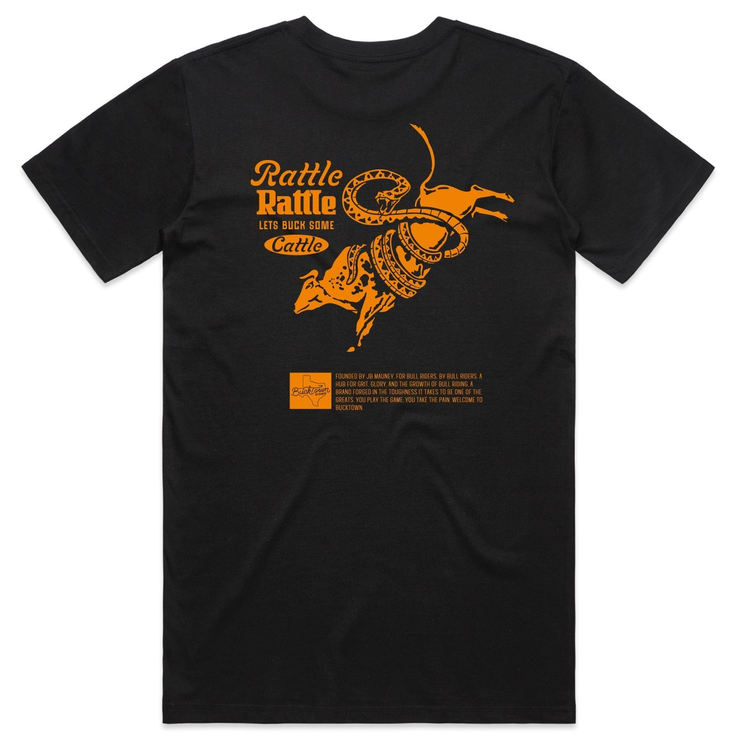 The Rural Cloth Rattle Rattle Tee is a black shirt with an orange graphic of a cowboy riding a bucking bull on the back, "Rattle Rattle Let's Buck Some Cattle" above text, and a small logo at the bottom left.