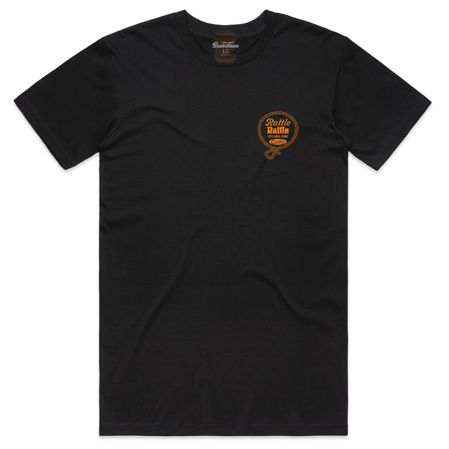 The Rattle Rattle Tee by Rural Cloth is a plain black short-sleeve shirt with a small round yellow "Rattle Rattle" graphic above a coiled snake on the left chest and a visible neck tag inside the collar.