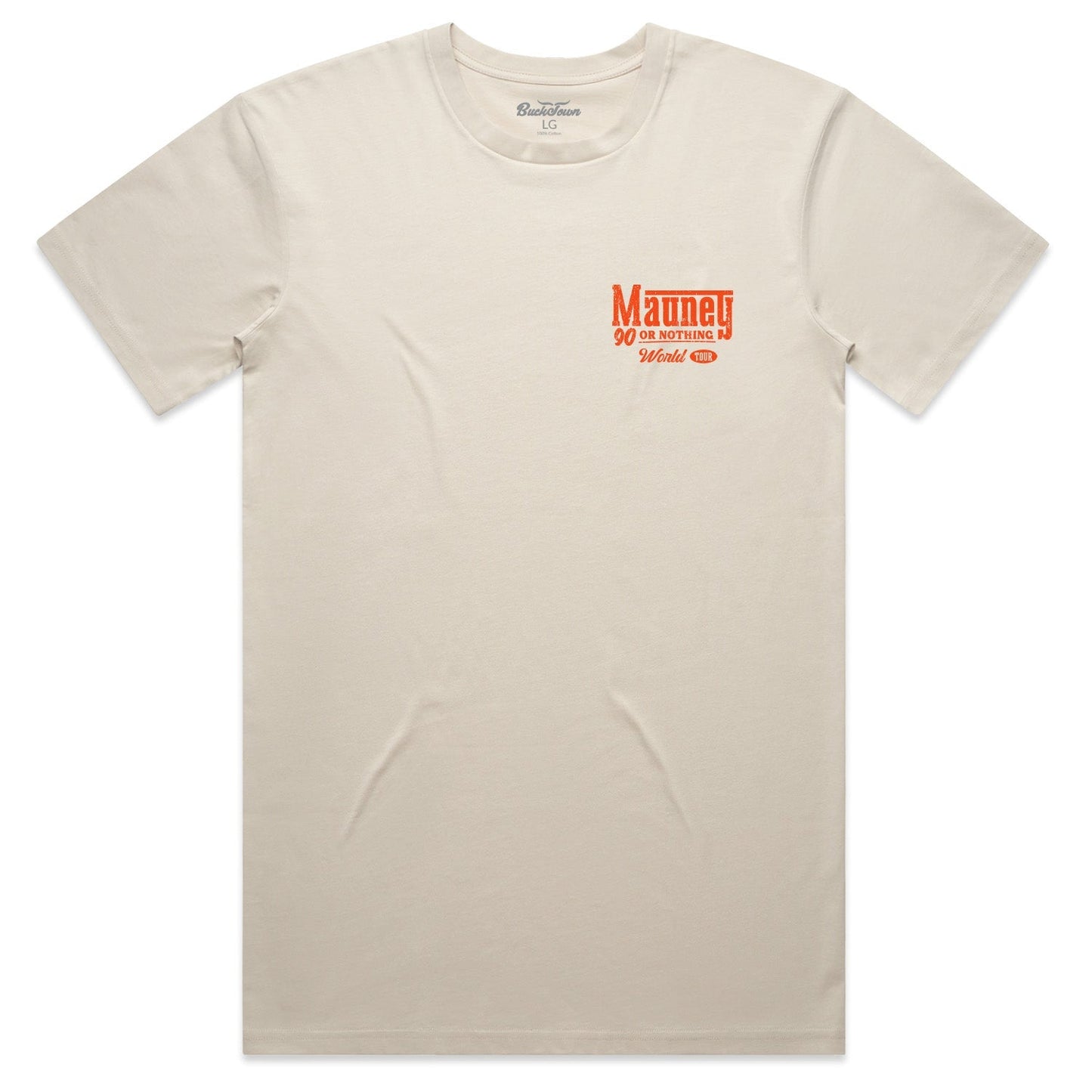 The Rural Cloth World Tour Tee is a plain off-white short-sleeve shirt inspired by JB Mauney, featuring small orange "Manual, Go Or Nothing, Hotell" text and an oval graphic on the left chest, laid flat on a white background.